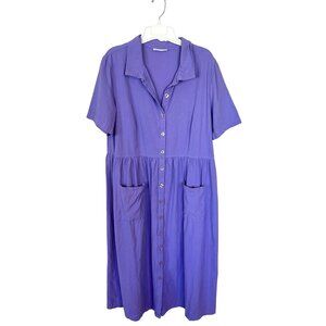 Appleseeds Womens Lavender Midi Dress Shift Full Button Large Cotton Modest